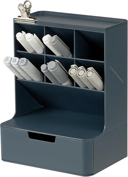 BLUE GINKGO Hive Desk Organizer – Vertical 6-Compartment, Full-drawer Storage – Space-Saving Pen Holder, Stationery Storage – Organizer for Office, School Supplies, Makeup (Made in Korea, Blue)