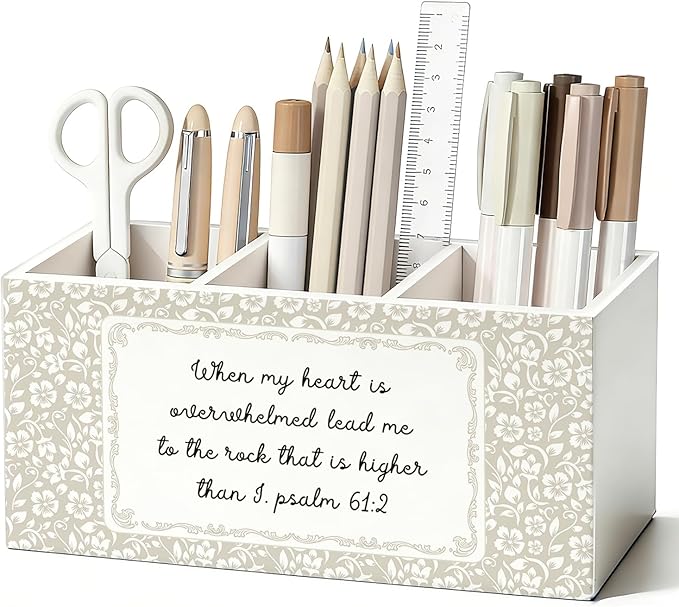 Christian Flower Pen Pencil Holder for Desk, Christian Gifts for Women, Religious Bible Verse Floral Wooden Box Sign Decorations for Home Bedroom Office Desk Tabletop