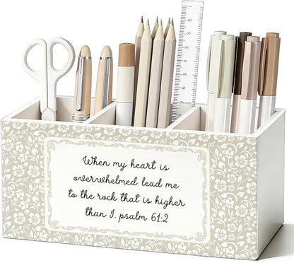 Christian Flower Pen Pencil Holder for Desk, Christian Gifts for Women, Religious Bible Verse Floral Wooden Box Sign Decorations for Home Bedroom Office Desk Tabletop