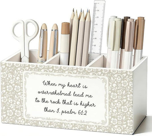 Christian Flower Pen Pencil Holder for Desk, Christian Gifts for Women, Religious Bible Verse Floral Wooden Box Sign Decorations for Home Bedroom Office Desk Tabletop