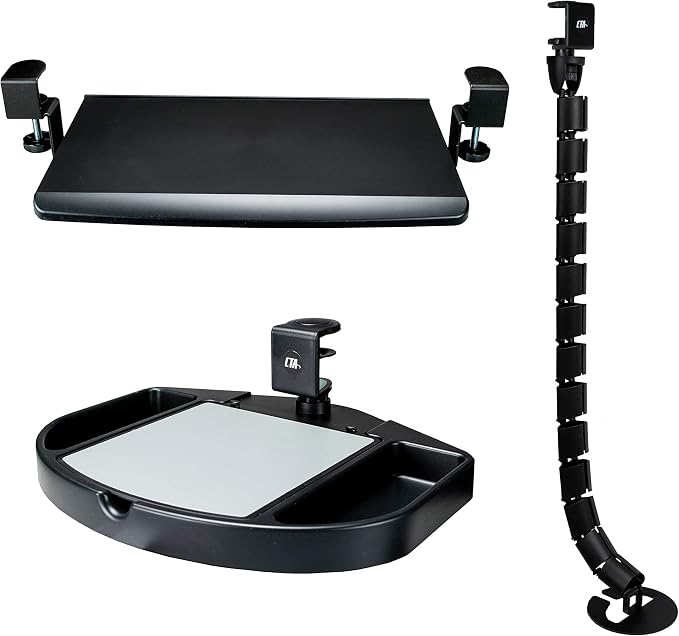 Desk Tray Add-on - CTA Desk Add-on Bundle with Keyboard Tray, Desk Organizer, Heavy-Duty Metal Keyboard, Mouse Tray, Organizer Tray Compartments, and Cable Routing Column (PC-DAB) - Black