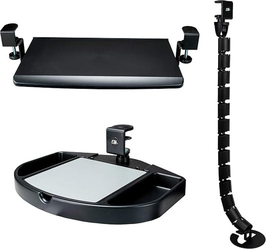 Desk Tray Add-on - CTA Desk Add-on Bundle with Keyboard Tray, Desk Organizer, Heavy-Duty Metal Keyboard, Mouse Tray, Organizer Tray Compartments, and Cable Routing Column (PC-DAB) - Black