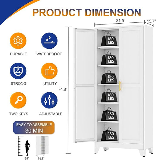 Metal Storage Cabinet with 2 Doors and 5 Adjustable Shelves - 74.8" Steel File Cabinet,Tool Cabinets for Office,Home,Garage,Gym,School (White)