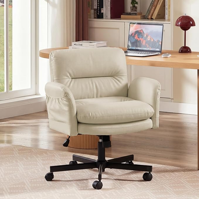 Bestier Criss Cross Office Chair with Flip-Up Armrests, Swivel Makeup Vanity Chair with Wheels & Side Pockets, Cross Legged Office Chair for Home Office, Bedroom, Beige PU Leather