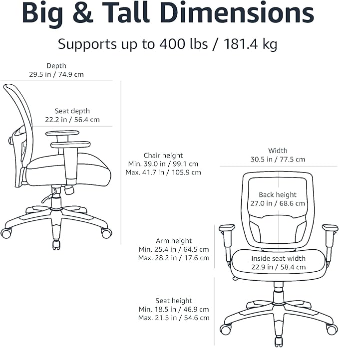 Amazon Basics Big and Tall Mesh Office Chair with Adjustable Armrests, Lumbar Support, Adjustable Height, 400lbs Capacity, Black