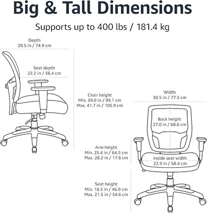 Amazon Basics Big and Tall Mesh Office Chair with Adjustable Armrests, Lumbar Support, Adjustable Height, 400lbs Capacity, Black