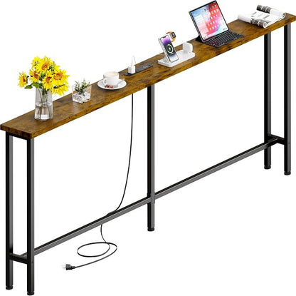 GRLEAF 70" Sofa Table with Built-in Power Strip (2 AC Outlets & 2 USB Ports) – 4.9ft Power Cord, Metal Frame, Easy Assembly, Long Couch Table Behind Sofa, Living Room and Home Office | Rustic Brown