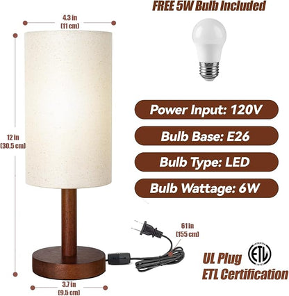 Small Table Lamp for Bedroom, Nightstand Lamp Linen Lampshade Bedroom Wood Base Small Bedside Lamp for Night Stands, Desk Lamps for Reading Living Room, Office (LED Bulb Included) (Black-Walnut Wood)