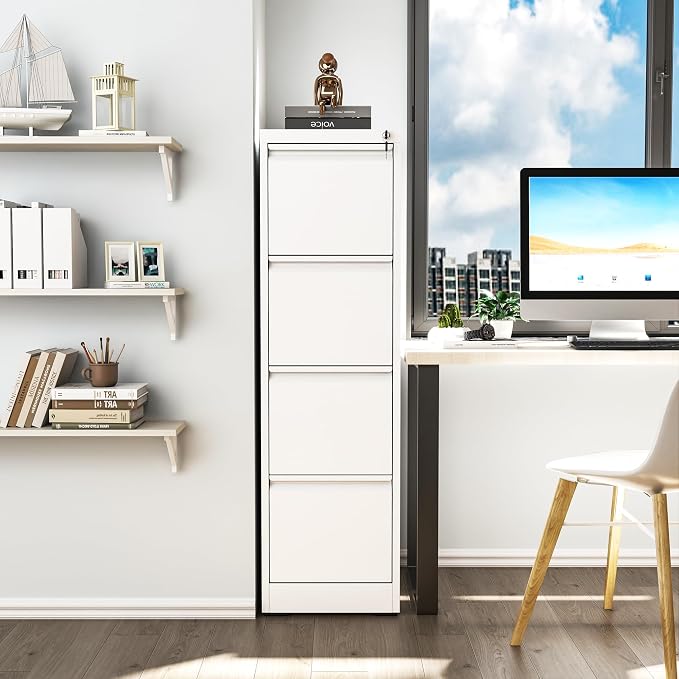 4 Drawer File Cabinet, Vertical File Cabinets with Lock for Home Office,Heavy Duty Office Steel Filing Cabinet for Hanging Letters/Legal/A4, Assembly Required (White)