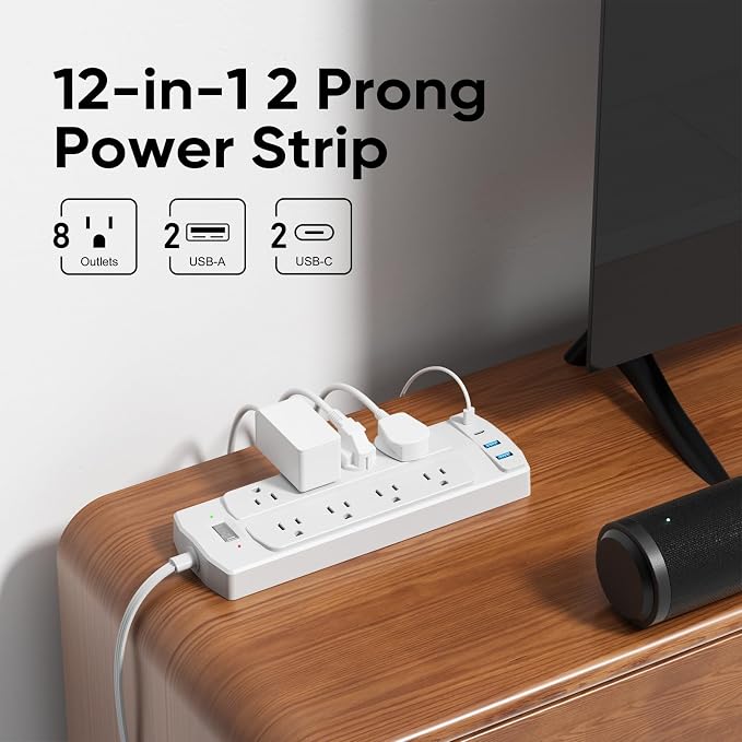 2 Prong Power Strip, Yozisital 2 Prong to 3 Prong Outlet Adapter, 5FT Extension Cord with Polarized Plug, 8 AC Outlets & 4 USB, Wall Mountable, Ideal for Non-Grounded Outlets