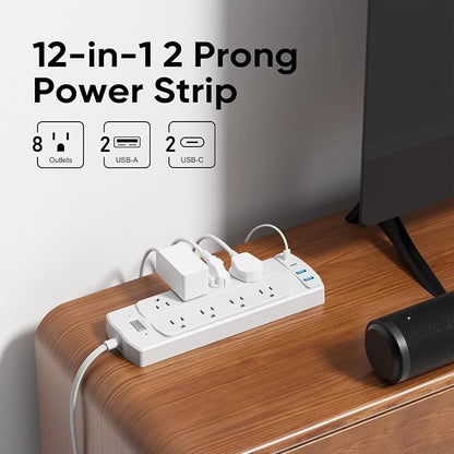 2 Prong Power Strip, Yozisital 2 Prong to 3 Prong Outlet Adapter, 5FT Extension Cord with Polarized Plug, 8 AC Outlets & 4 USB, Wall Mountable, Ideal for Non-Grounded Outlets