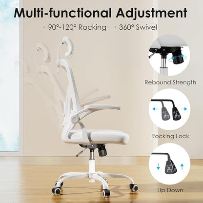 Farini Ergonomic Office Chair, Home Office Desk Chair with Headrest, High Back Swivel Computer Chair with Armrests and Adjustable Lumbar Support for Home Office Study Room, White & White