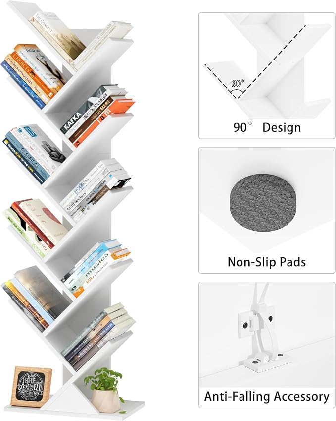SHEEPAM 10 Tier Tree Book Shelf, Floor Standing Wood Bookshelf for Narrow Space, Storage Organizer Bookshelves for Books/CDs/Magazine, Bookcase with Shelves for Home Office, Living Room - White