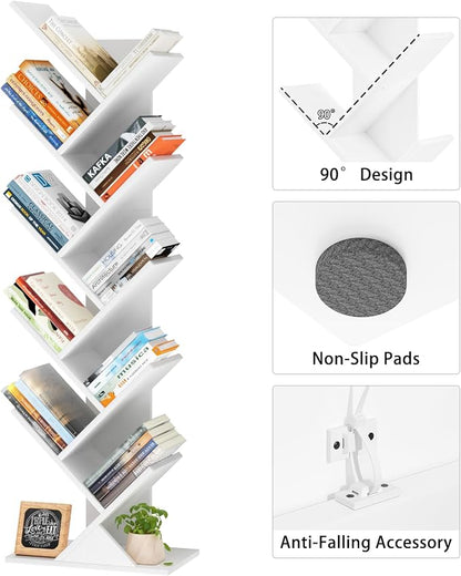 SHEEPAM 10 Tier Tree Book Shelf, Floor Standing Wood Bookshelf for Narrow Space, Storage Organizer Bookshelves for Books/CDs/Magazine, Bookcase with Shelves for Home Office, Living Room - White