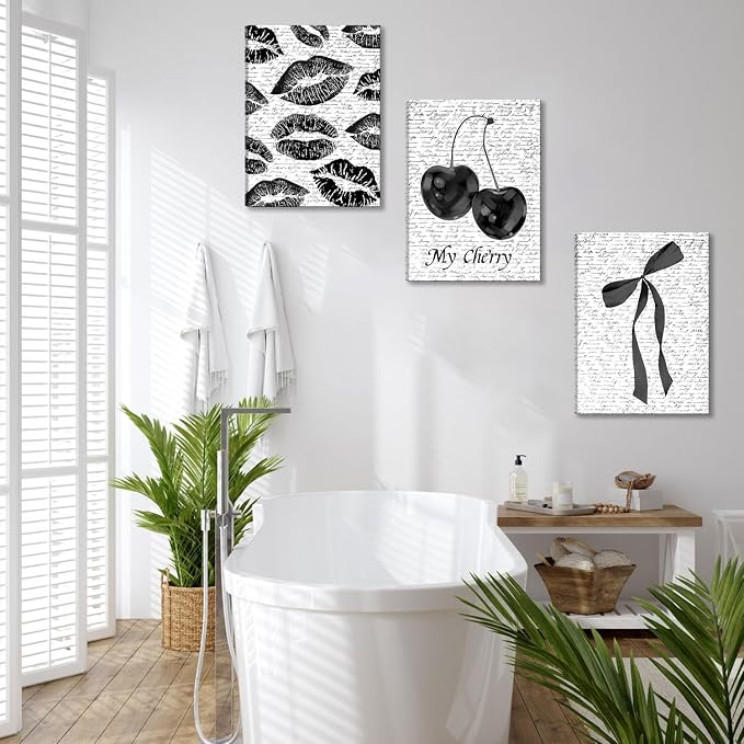 Black And White Canvas Wall Art Set of 3, Fashion Black White Lips And Cherry Posters Wall Decor, Trendy Aesthetic Bow Pictures Prints Paintings for Girls Bedroom Dorm Bathroom12x16in Framed