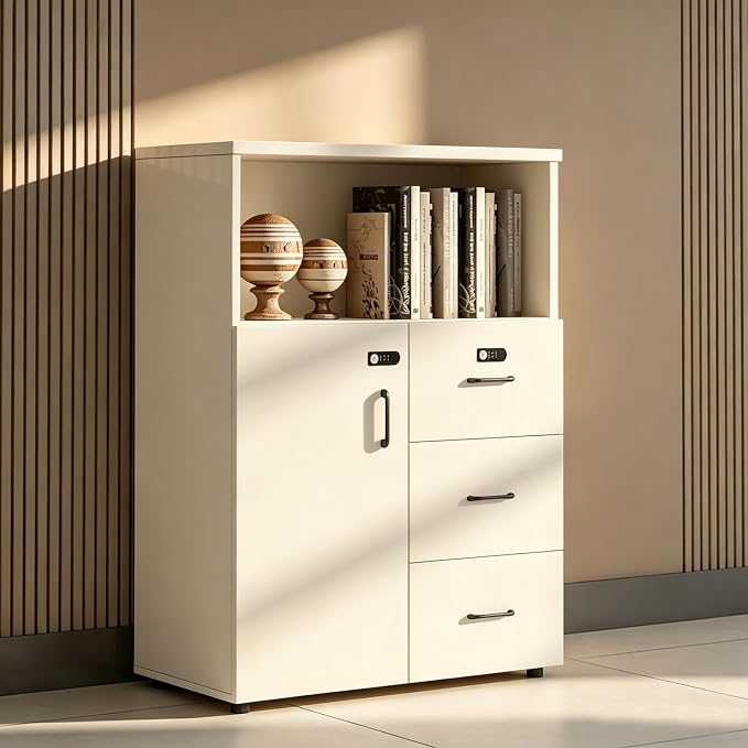 File Cabinet with Password Lock, Wood Lateral Filing Cabinet for Letter/A4 Files, 3 Drawer with Door, Printer Stand with Open Shelves for Home Office