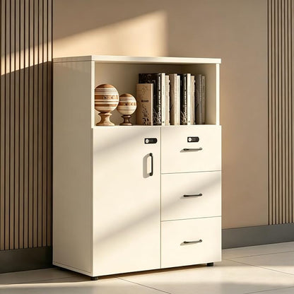 File Cabinet with Password Lock, Wood Lateral Filing Cabinet for Letter/A4 Files, 3 Drawer with Door, Printer Stand with Open Shelves for Home Office