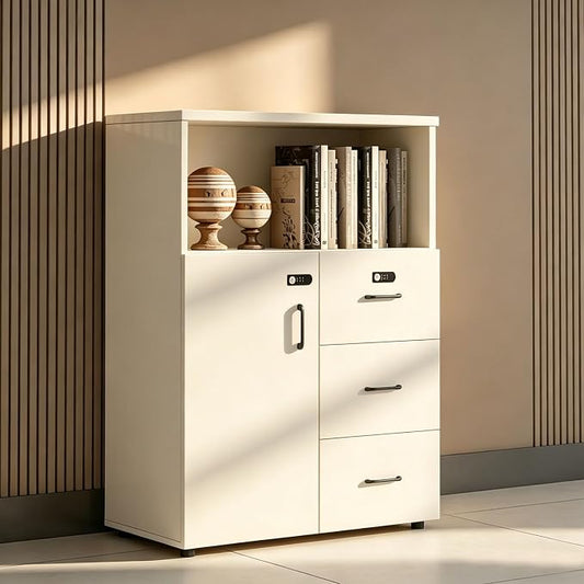 File Cabinet with Password Lock, Wood Lateral Filing Cabinet for Letter/A4 Files, 3 Drawer with Door, Printer Stand with Open Shelves for Home Office