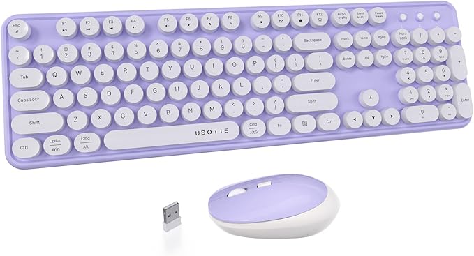 UBOTIE Colorful Wireless Keyboard and Mouse Combos, Retro Typewriter Floating Flexible Full-Sized Keys Computer Keyboard with Optical Mouse, 2.4GHz USB-A Connection for Windows Mac (Purple-White)