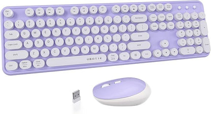 UBOTIE Colorful Wireless Keyboard and Mouse Combos, Retro Typewriter Floating Flexible Full-Sized Keys Computer Keyboard with Optical Mouse, 2.4GHz USB-A Connection for Windows Mac (Purple-White)