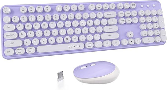 UBOTIE Colorful Wireless Keyboard and Mouse Combos, Retro Typewriter Floating Flexible Full-Sized Keys Computer Keyboard with Optical Mouse, 2.4GHz USB-A Connection for Windows Mac (Purple-White)