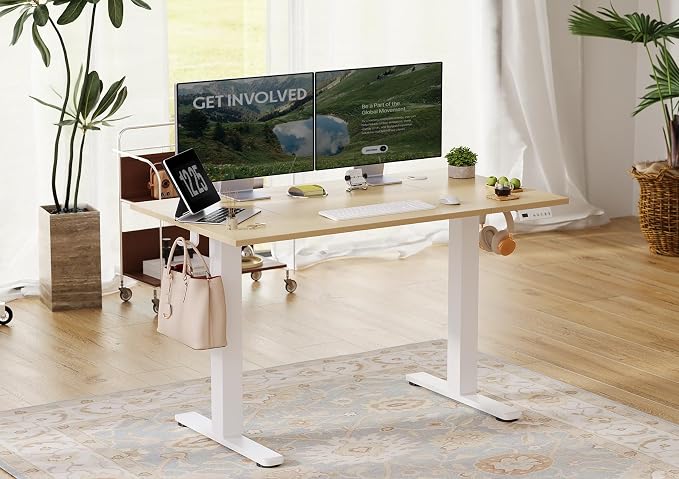 Seang Electric Standing Desk Adjustable Height, 48 x 24 Inch Sit Stand Desk with T-Shaped Frame, 3 Memory Presets & Cable Management for Home Office Computer Workstation, White Frame/Nature Top