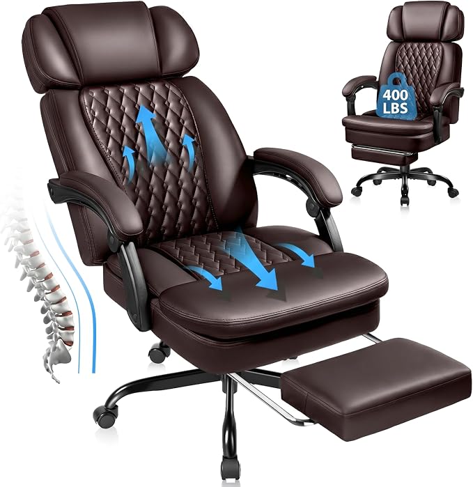 PRETZI Executive Office Chair 400LBS, Ergonomic Office Chair with Foot Rest, Heavy Duty Desk Chair for Home Office, Reclining High Back PU Leather Computer Chair Comfy, Brown