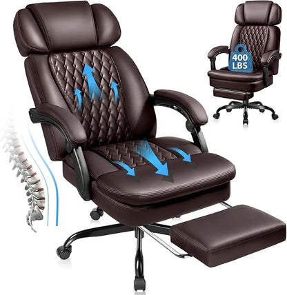 PRETZI Executive Office Chair 400LBS, Ergonomic Office Chair with Foot Rest, Heavy Duty Desk Chair for Home Office, Reclining High Back PU Leather Computer Chair Comfy, Brown