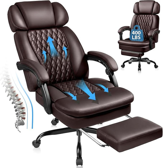 PRETZI Executive Office Chair 400LBS, Ergonomic Office Chair with Foot Rest, Heavy Duty Desk Chair for Home Office, Reclining High Back PU Leather Computer Chair Comfy, Brown