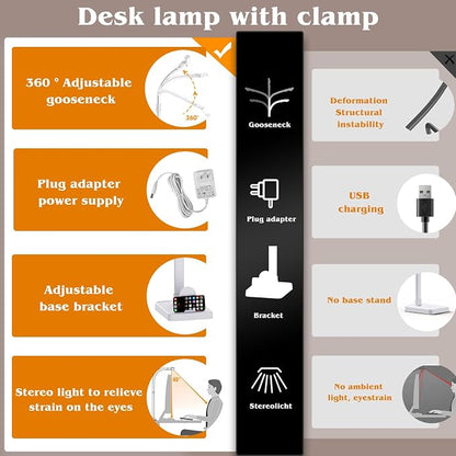 AKRRYR Led Desk Lamp for Home Office,24W Bright Eye-Caring Desk Light with Base,5 Brightness and 5 temperatures Dimmable Workbench Task Light, Adjustable Gooseneck Table Lamp for Monitor(White)