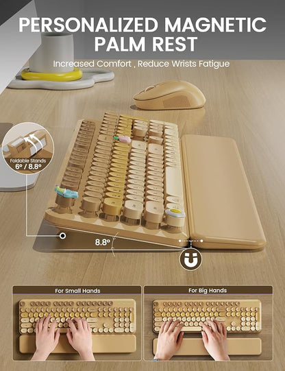 Wireless Keyboard and Mouse Combo, Typewriter Keyboard with Detachable Wrist Rest, Full-Size Retro Round Keycaps, Smart-Sleep, 2.4GHz Stable Connection for Mac/Windows/PC, Trueque (Ombre Latte Beige)