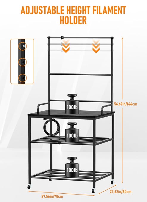 Baoz 3D Printer Stand with Filament Storage, 3-Tier Rolling 3D Printer Desk with Wheels, Built-in Power Strip, Heavy Duty Stand Table for PLA/ABS/PETG/TPU, Printer Cart for Studio, Office, Workshop