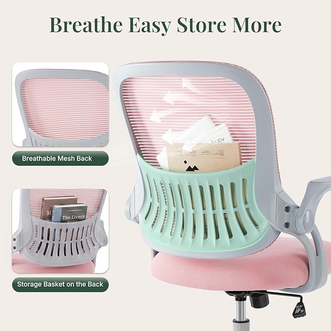 Home Office Desk Chair, Ergonomic Mid-Back Mesh Computer Task Chair with Comfortable Lumbar Support, Height Adjustable Swivel with Flip-up Armrest for Adults, Student, Pink