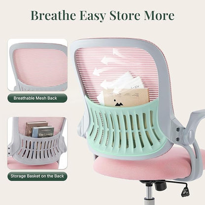 Home Office Desk Chair, Ergonomic Mid-Back Mesh Computer Task Chair with Comfortable Lumbar Support, Height Adjustable Swivel with Flip-up Armrest for Adults, Student, Pink