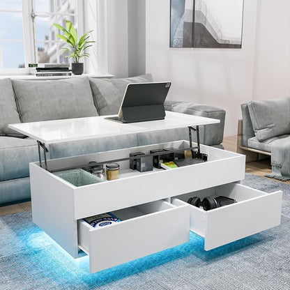 HOMMPA 40'' Lift Top Coffee Table for Living Room, White Coffee Tables with Storage, LED Modern Coffee Table Rectangular White Gloss, Flip Top Center Table with 2 Drawers and Hidden Compartment