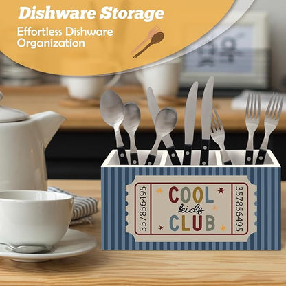 Classroom Pen Holder Organizer for Desk Accessories, Kids Room Decor, Cool Kids Club Retro Blue Striped Wooden Box Sign Desk Decorations for Classroom Boys Girls Room Bedroom Decor