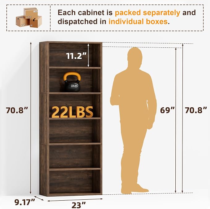 Furniwell 71" Tall Bookcase Bookshelves, 6 Tier Floor Standing Bookcases Open Frame, Modern Display Storage Organizer for Home Office, Living Room, Bedroom, Study Room (Brown, 1 Pcs)