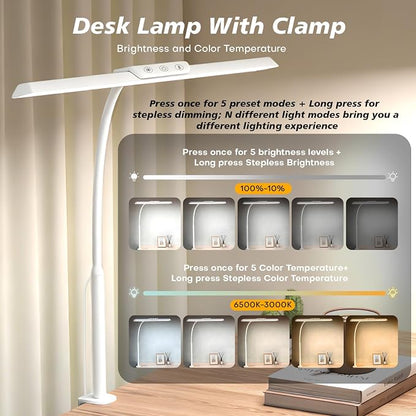 LED Desk Lamp for Office Home, Stepless Dimming Architect Desk Light with DC Adapter, Eye-Caring Desk Lamp with Clamp, 25 Lighting Modes Adjustable 12.8in Flexible Gooseneck for Workbench(White)