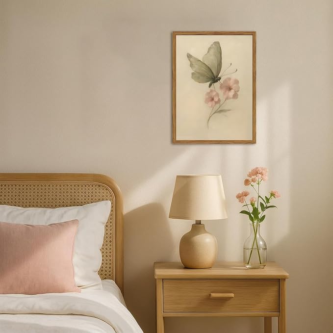 Framed Vintage Wall Art, Butterfly and Pink Floral Pictures Wall Decor, Retro Flower Moth Painting Canvas Prints Cottagecore Home Decor Aesthetic for Living Room Bedroom Bathroom 16x24 inch