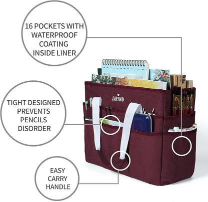 JJRING Craft Organizer Tote Bag, Large Art Storage Caddy with Multiple Pockets, Dark Red Sewing Bag for Art, Craft, Scrapbooking, Medical, and Office Supplies Storage