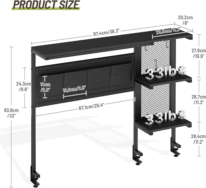 Clamp On Desk Shelf, 3-Tier Above Desk Extender with Pegboard & Hooks, Metal & Wooden Desktop Bookshelf & Organizer, Tabletop Storage Rack for Office Accessories, 38.3" W x 33" H, Black