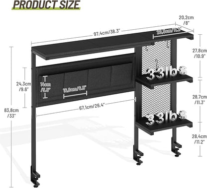 Clamp On Desk Shelf, 3-Tier Above Desk Extender with Pegboard & Hooks, Metal & Wooden Desktop Bookshelf & Organizer, Tabletop Storage Rack for Office Accessories, 38.3" W x 33" H, Black