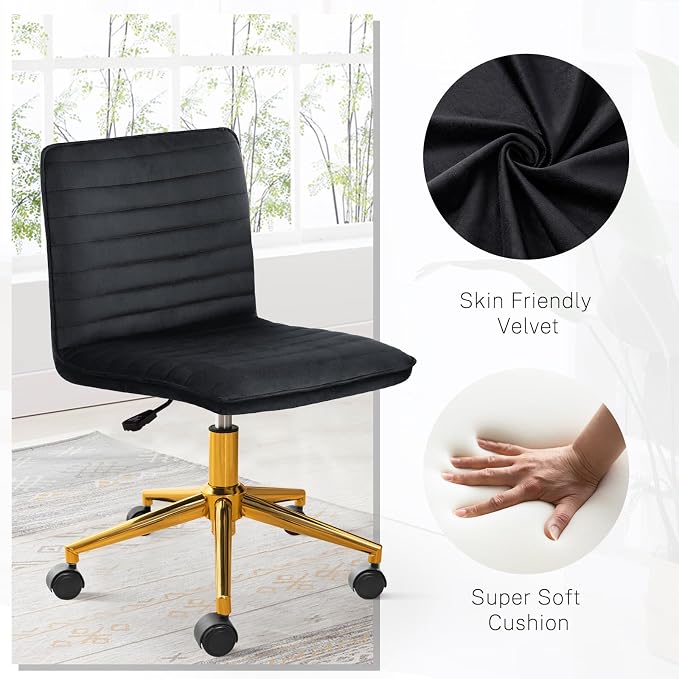 Furniliving Home Office Desk Chair, Armless Desk Chair with Wheels Soft Velvet Adjustable Height, Comfy Computer Rolling Chairs with Gold Metal Base Stool,Black