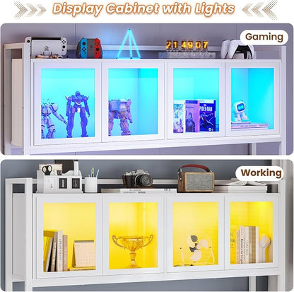 SEDETA L Shaped Gaming Desk with Drawers, L Shaped Computer Desk with Hutch and Storage Shelves, Gaming Desk with Pegboard, Led Lights, and Power Outlet, Home Office Desk, Corner Desk, White