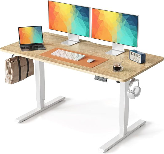 DESINO Standing Desk, 55 × 24 Inches Electric Height Adjustable, Sit and Stand Up, Computer Office Desk with Splice Board, White Frame/Oak TOP