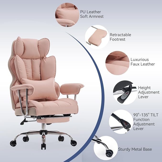 Efomao Big and Tall Office Chair, 400lbs Heavy Duty High Back Executive Chair with 23.6" Extra Wide Seat, PU Leather Desk Chair with Footrest and Padded Armrests, Pink