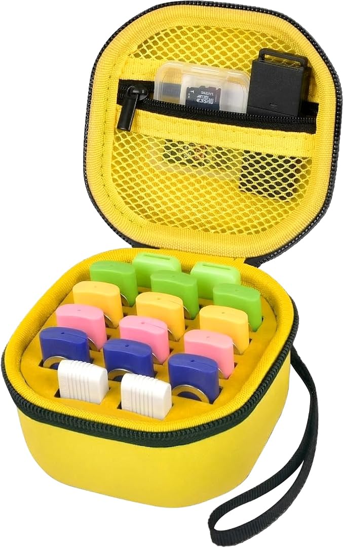 Comecase 16 Slots USB Flash Drive Case, Hard Shell Organizer for Thumb Drives & Jump Drives with Carabiner, Portable USB Case with Removable Pre-Cut Sponge & SD Card Mesh Pocket (Yellow, Medium)