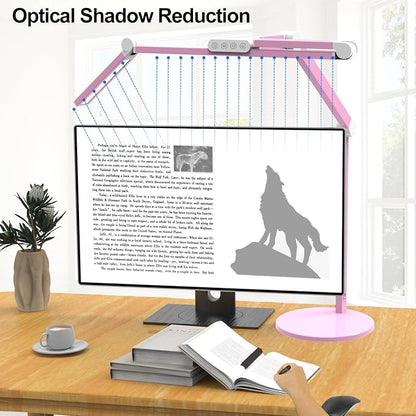 Micomlan Led Desk Lamp with Base, Adjustable Tall Architect Desk Light for Home Office with Flexible Swing Arm, 24W Pink Bright Table Lamp Auto Dimming Computer Light for Workbench