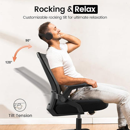 GTPOFFICE Ergonomic Office Chair, Computer Desk Chair Comfy with Adjustable Lumbar Support, Mid-Back Mesh Office Chair with Flip-up Armrest, Tilt Function Task Chair for Home, Bedroom, Gaming, Black