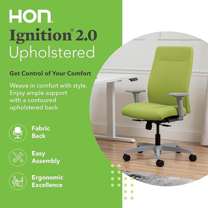 HON Ignition 2.0 Ergonomic Office Chair with Adjustable Arms, Standard Synchro‑Tilt Recline, Upholstered Desk and Computer Chair for Home Office or Workstation, Titanium Frame, Pear